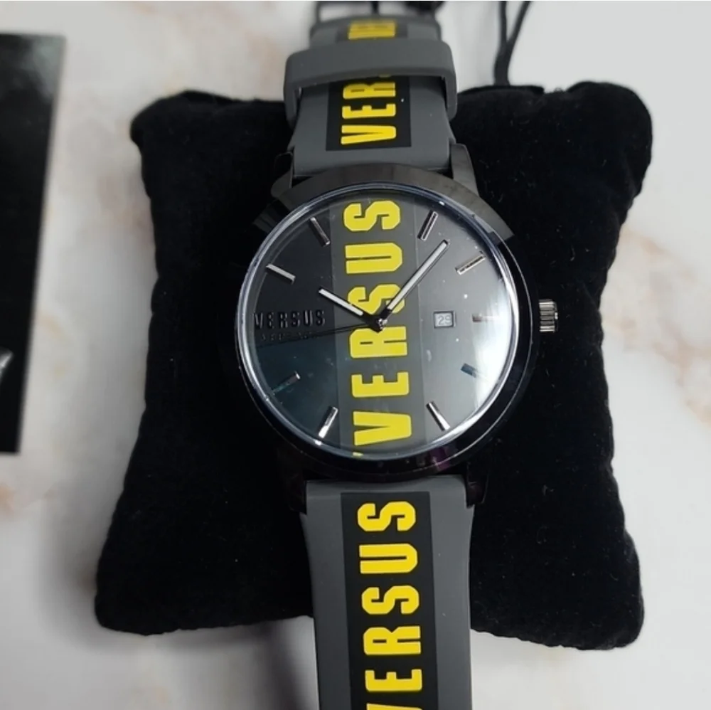 Versus Versace Mens Black & Yellow Logo Strap Watch New